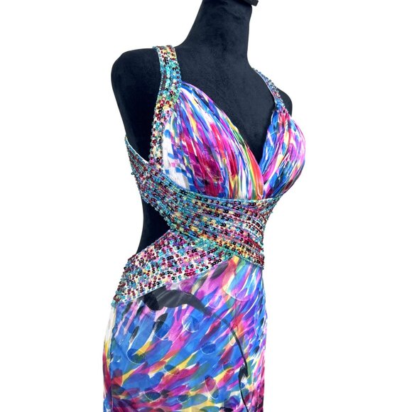LaFemme Paris Sequin Prom Gown Women's 4 Flowy Silk Beaded Multicolor Open Sides - Picture 10 of 16